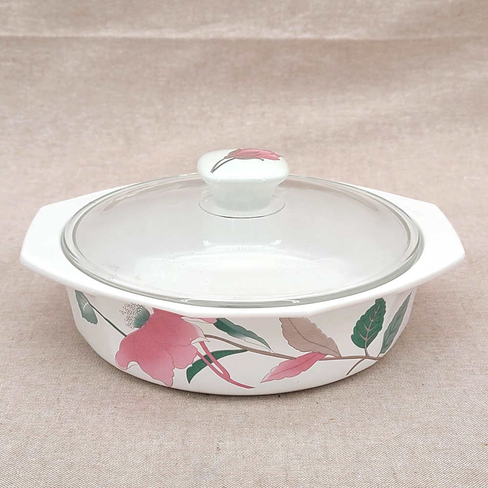 Vtg Mikasa Fire & Ice Silk Flowers Covered Casserole Dish 80's Glass Lid AA009